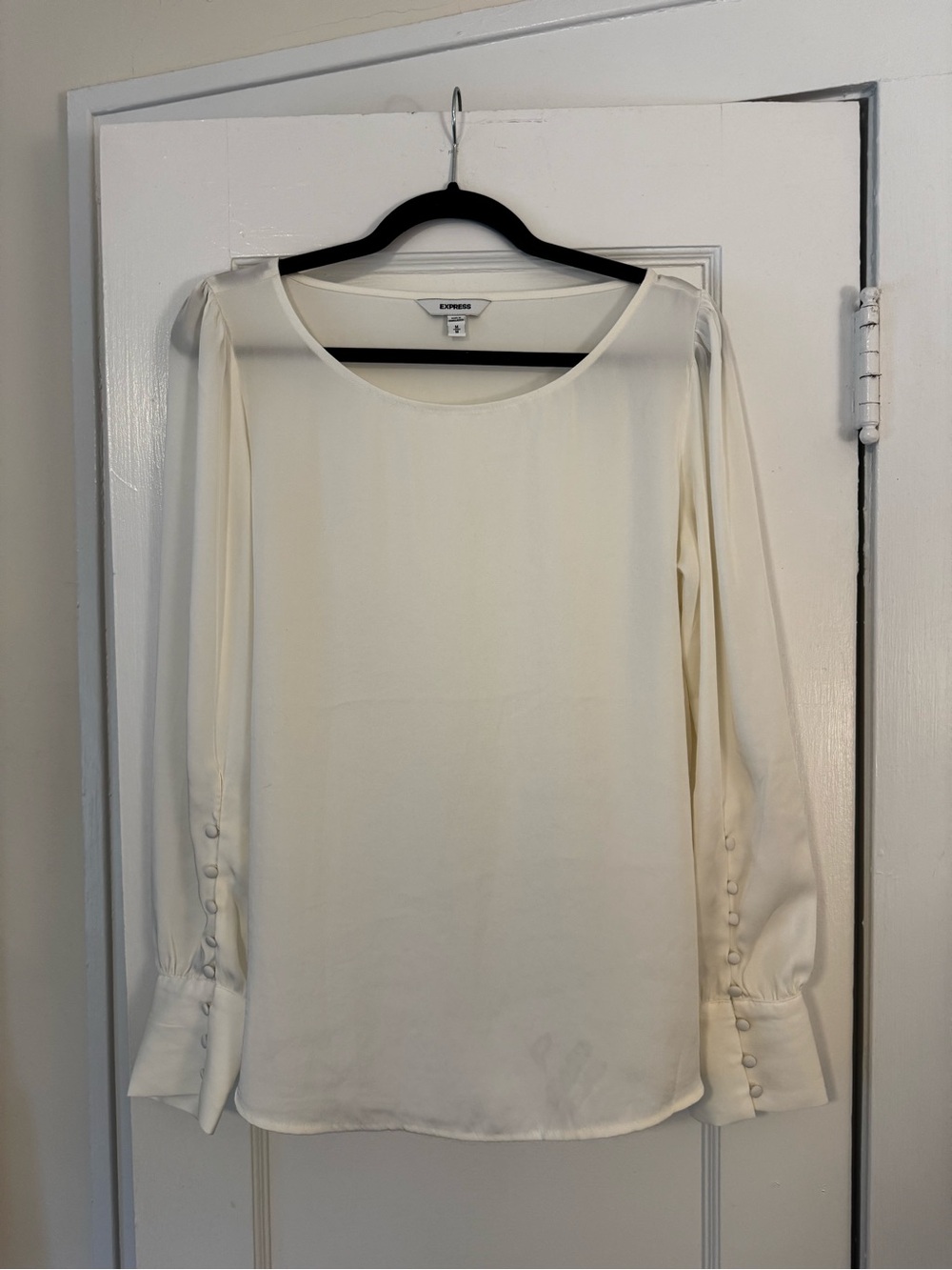 Express Cream Long-Sleeve Scoop Neck Blouse with Button Cuffs